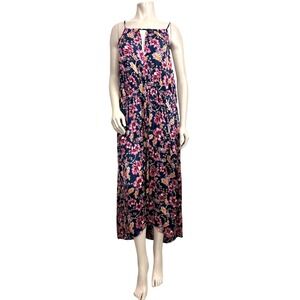 OLD NAVY Women's XXL Blue Floral Midi Dress Pockets Keyhole Back Tie Adjustable